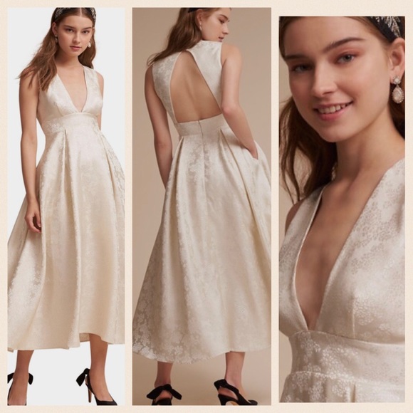 BHLDN Dresses & Skirts - SAU x BHLDN Aria 2 / XS Ivory Jacquard V-neck A-line Silky Midi Wedding Dress